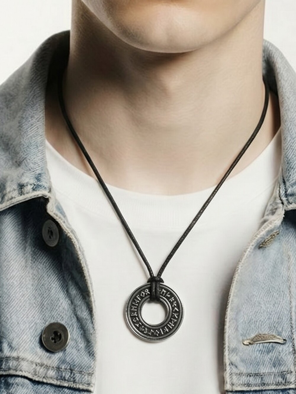Silver Viking Rune Necklace Stainless Steel Norse Symbol Pendant Leather Cord